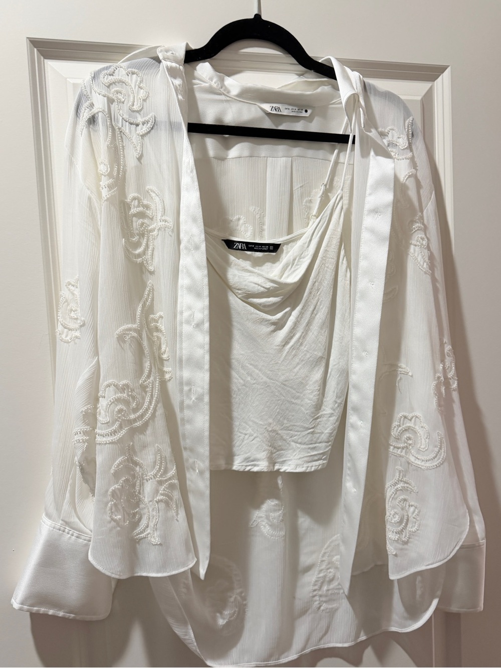 Zara White Embroidered Button Up & Cami Set